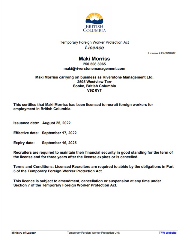 BC Temporary Foreign Recruiter License