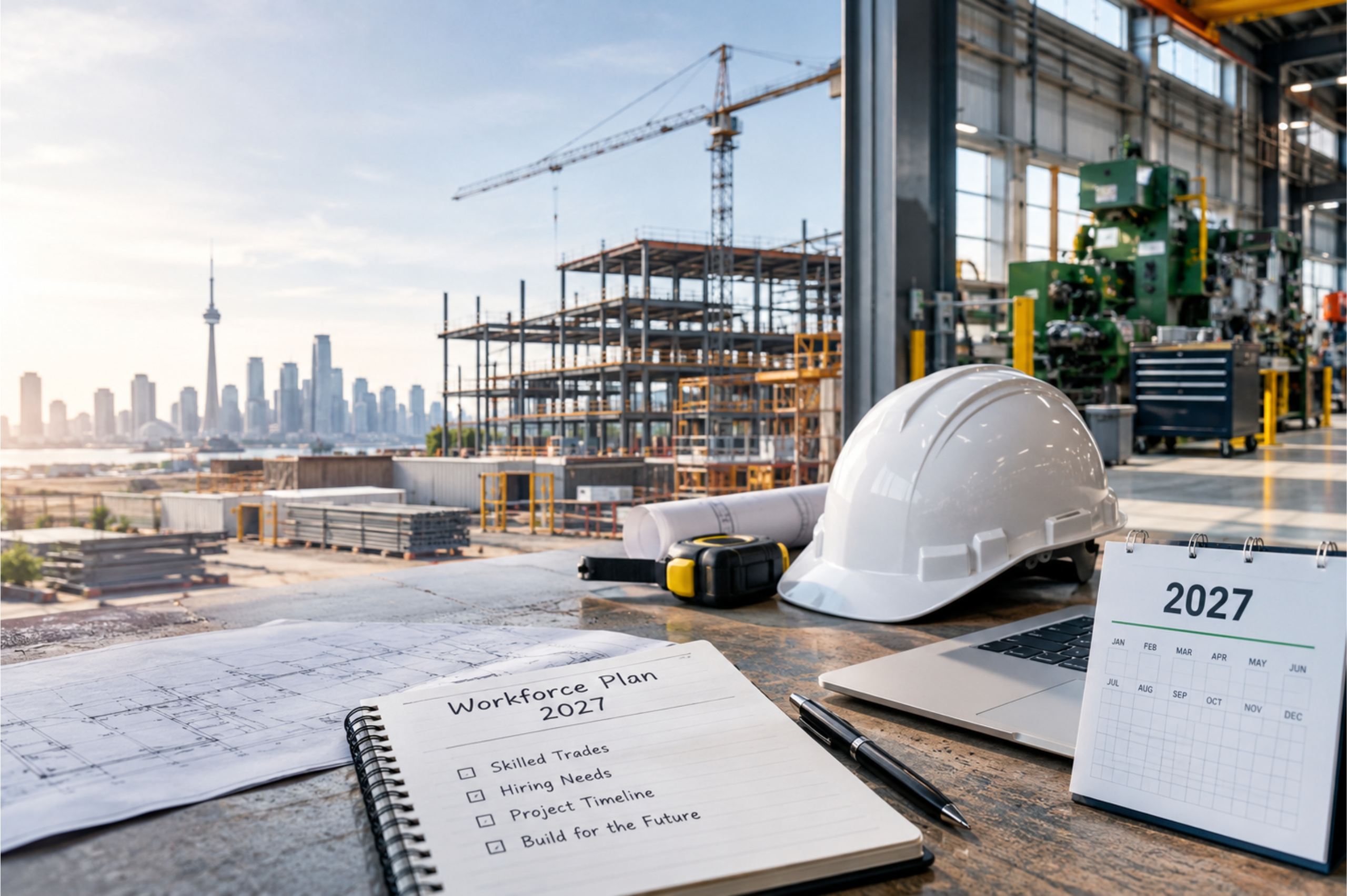 Construction white hard hat beside a workforce planning checklist for skilled trades hiring in Canada in 2027.